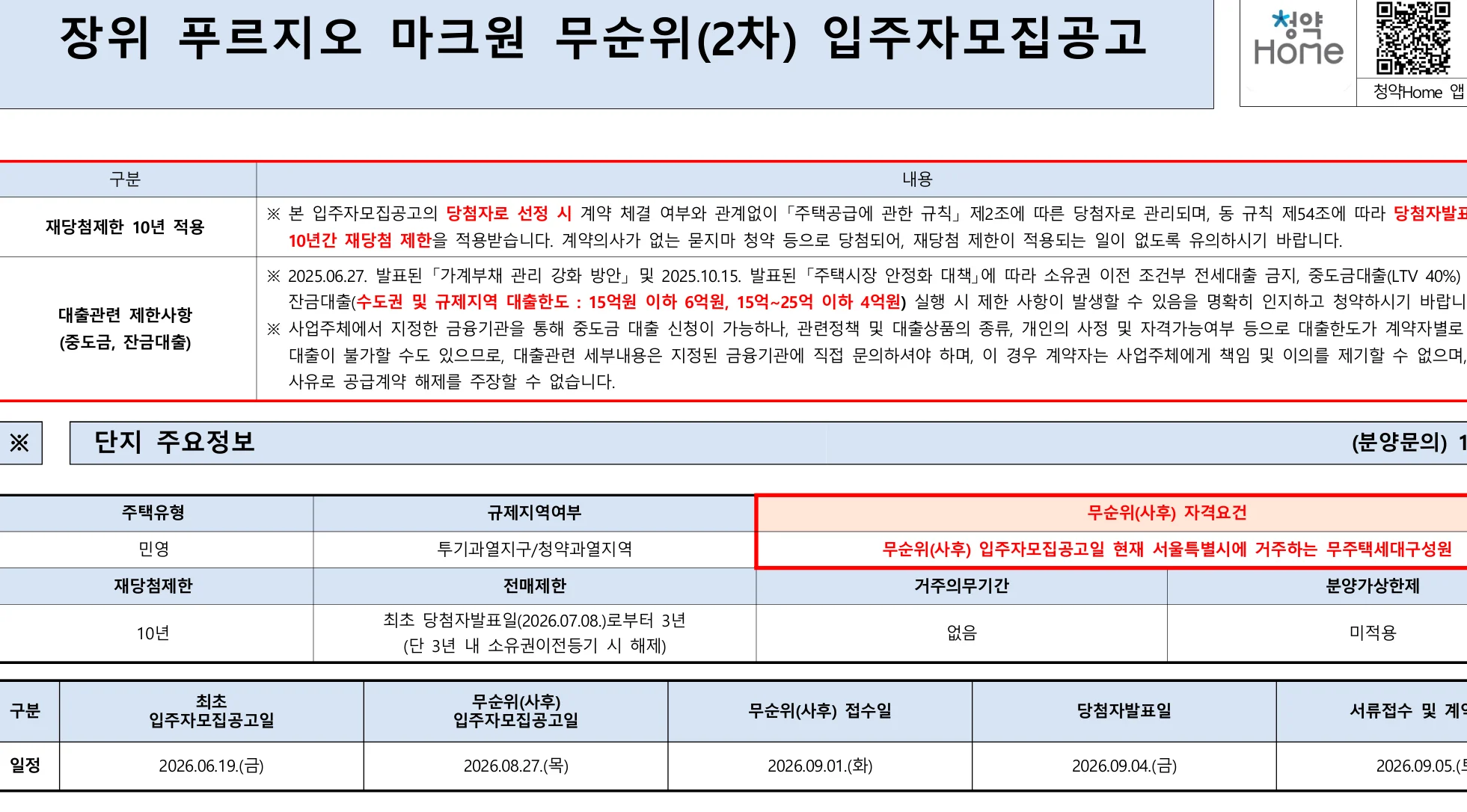 장위 푸르지오 마크원 2차 무순위 4세대|9월 1일·39㎡ 7~7.3억 1 장위 푸르지오 마크원 2차 무순위 핵심 일정 및 신청 자격