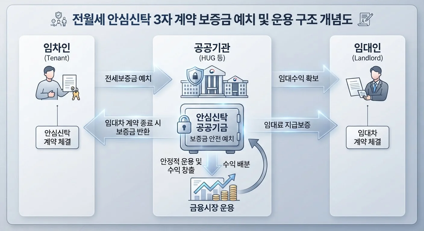 전월세 안심신탁 조건과 신청 방법: 세입자 비용 절감과 집주인 혜택 완벽 비교 1 전월세 안심신탁 3자 계약 보증금 예치 및 운용 구조 개념도