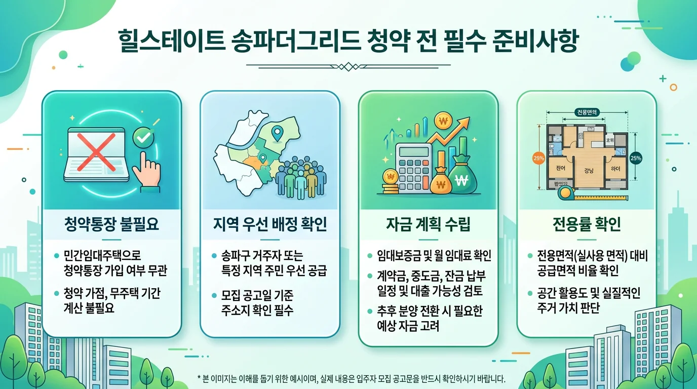 힐스테이트 송파더그리드: 모집공고 전 사전분석 및 준비사항 1 힐스테이트 송파더그리드 청약 전 준비사항 안내 인포그래픽
