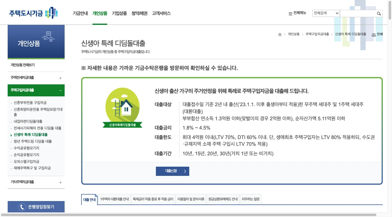 2026 신생아 특례대출 조건 완화 총정리|맞벌이 2억·주담대 대환 1%대 갈아타기 완벽 가이드 2 주택도시기금 신생아 특례 디딤돌대출 공식 화면